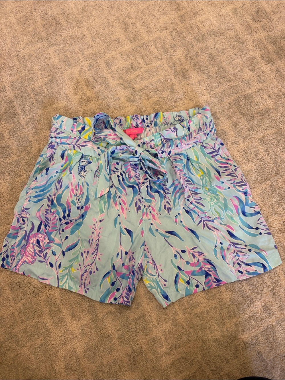 Women's Seafoam Floral Print Paperbag Waist Shorts